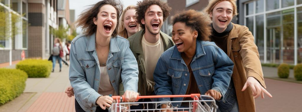 Vrolijke jongeren op straat achter een winkelwagentje met boodschappen