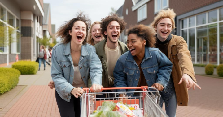 Vrolijke jongeren op straat achter een winkelwagentje met boodschappen