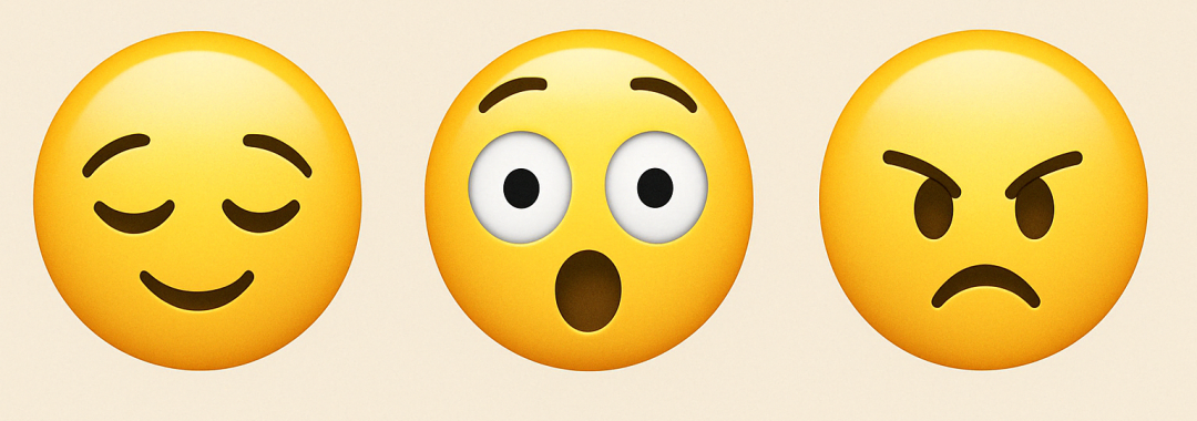 Drie emoticons op een rij: gerustgesteld, verbaasd en boosheid.