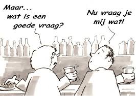 Cartoon van 2 mannen die aan een bar zitten waarbij de linkse vraagr Wat is een goede vraag en de rechter antwoord met 'nu vraag je me wat.